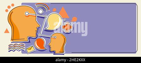 Multiple Heads Connected Showing New Technology Ideas. Gears In Brain Symbols Design Displaying Mechanical And Technical Idea. Stock Vector