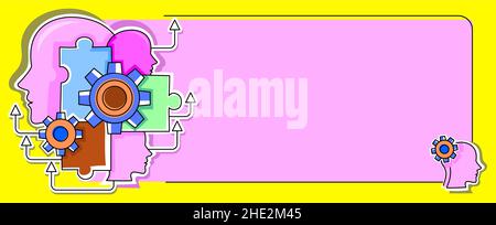 Multiple Heads With Cogs Showing Technology Ideas. Gears In Brain Symbols Design Displaying Mechanical And Technical Idea. Stock Vector