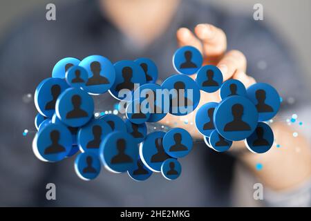 Businessman tapping on a floating render of a globe outline- global ...