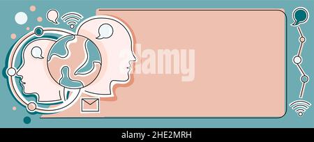 Multiple Heads Connected Showing New Technology Ideas. Gears In Brain Symbols Design Displaying Mechanical And Technical Idea. Stock Vector
