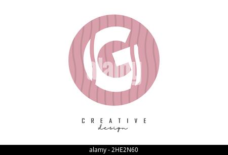 Letter G logo design on a pink pattern background circle. Creative vector illustration design with stripes, zig zag lines and 3D effect. Stock Vector