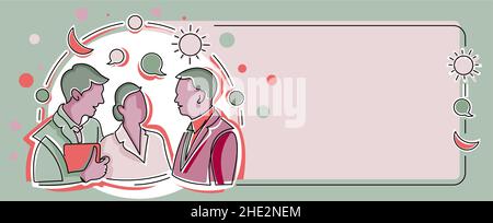 Three Colleagues Standing Sharing Thoughts Together With Speech Bubbles And Assorted S. Teammates Sharing New Success Stories At Work Having Stock Vector