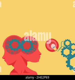 Two Heads With Cogs Showing Technology Ideas. Gears In Brain Symbols Design Displaying Mechanical And Technical Idea. Stock Vector