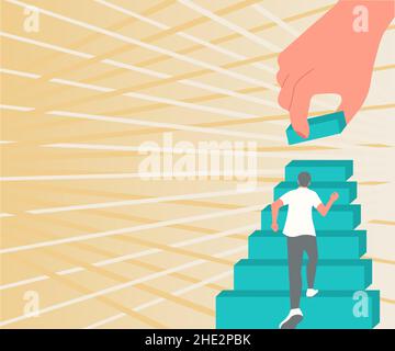 Gentleman Climbing Up Stair Case Trying To Reach Goals Hand Helping Representing Teamwork. Man Running Upwards Big Stairs Defining Progress And Stock Vector