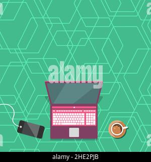 Laptop Resting On A Table Beside Coffee Mug And Plant Showing Work Process. Minicomputer Sitted Top Of Desk Next To Cup Along With Flower Displaying Stock Vector