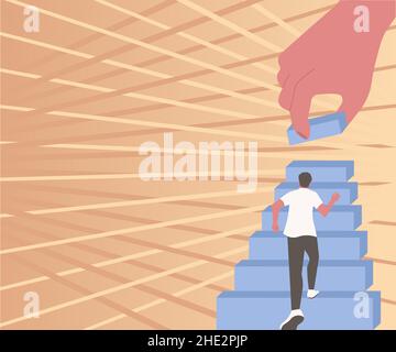 Gentleman Climbing Up Stair Case Trying To Reach Goals Hand Helping Representing Teamwork. Man Running Upwards Big Stairs Defining Progress And Stock Vector