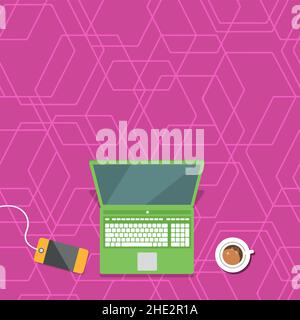Laptop Resting On A Table Beside Coffee Mug And Plant Showing Work Process. Minicomputer Sitted Top Of Desk Next To Cup Along With Flower Displaying Stock Vector