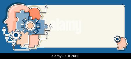 Multiple Heads With Cogs Showing Technology Ideas. Gears In Brain Symbols Design Displaying Mechanical And Technical Idea. Stock Vector