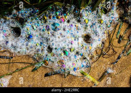 Colorful bubbles in sea foam; Fort Stevens State Park; Hammond; Oregon; USA Stock Photo