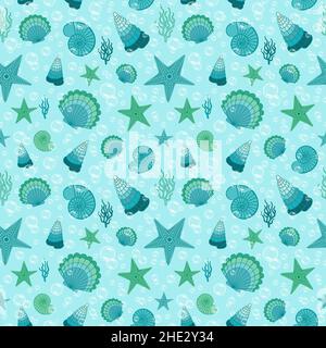 Seamless repeat pattern. Starfish, seashells, seaweed and bubbles underwater. Blue and green. Stock Vector