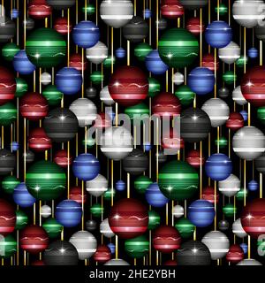 Seamless repeating pattern. A multitude of christmas ornament balls in red, green, blue, white and black. Stock Vector