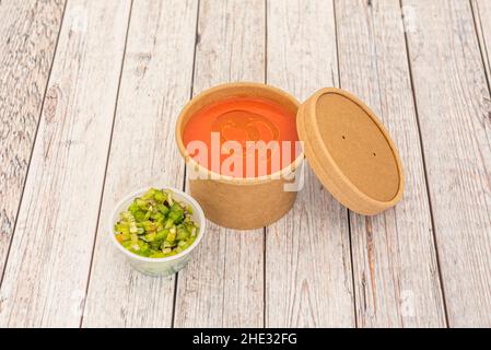 Gazpacho is a cold soup with various ingredients such as olive oil, vinegar, water, raw vegetables, usually cucumbers, peppers, onions and garlic Stock Photo
