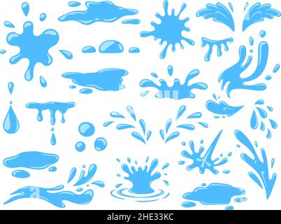 Cartoon water splashes, falling rain drops, waves and spill. Fresh aqua stream, puddles and splats. Nature blue liquid form icons vector set Stock Vector