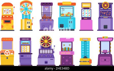 Cartoon casino gambling slot machines and fortune wheels. Racing arcade game, high striker and toy claw. Jackpot winning machine vector set Stock Vector