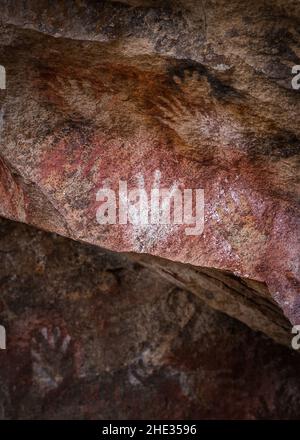 Closeup of prehistoric hand paintings at the Cave of the Hands aka Cueva de Las Manos in Santa Cruz Province, Patagonia, Argentina. Stock Photo