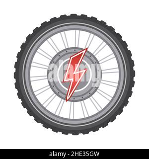 Electric bike hub wheel motor icon. E-bike electro power engine with lightning, tire. Pedal bicycle part. Electrical energy. Motorized cycling. Vector Stock Vector