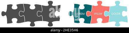 Simple three connected jigsaw puzzle pieces illustration, gray and colour version Stock Vector