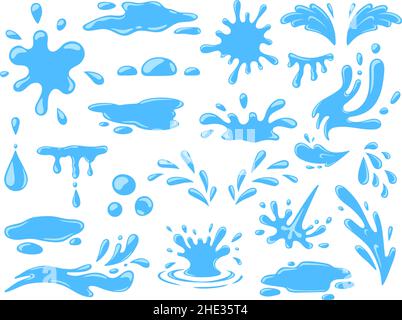 Cartoon water splashes, falling rain drops, waves and spill. Fresh aqua stream, puddles and splats. Nature blue liquid form icons vector set Stock Vector