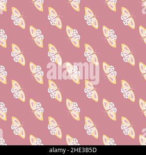 Seamless pattern with butterfly in diagonal row on dust rose background. Stock Vector