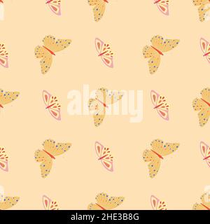 Seamless pattern with yellow butterfly on beige background. Ditsy summer background. Stock Vector