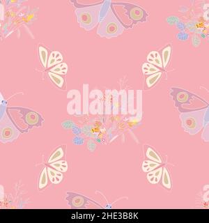 Pastel seamless pattern with butterfly and flowers on pink background. Stock Vector