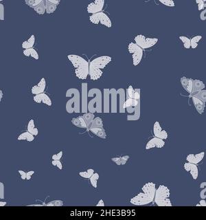 Monochromatic butterfly seamless pattern on dark blue background. Stock Vector