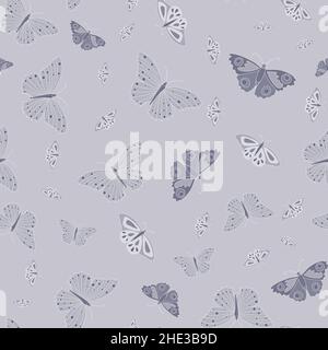 Monochromatic butterfly seamless pattern on light grey background. Stock Vector