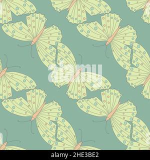 Seamless pattern with butterfly in diagonal row on green background. Stock Vector