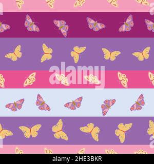 Butterfly strip seamless pattern on pink and purple background. Stock Vector