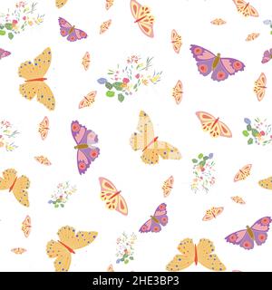 Seamless pattern with butterfly and flowers on white background. Ditsy summer background. Stock Vector