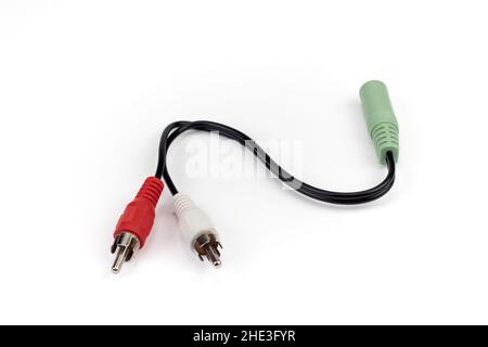 Aux to jack cable electronic details white background. Stock Photo