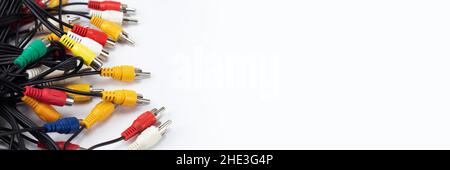 Old video audio cable on white background. Place for text. Stock Photo