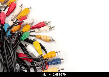 Old video audio cable on white background. Place for text. Stock Photo