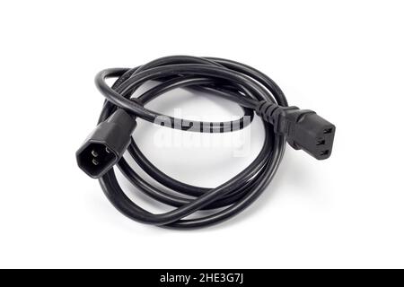 Male and female three pin power cable. Black plastic appliance connection cord with plugs. Power Extension Cable IEC Male to Female on white backgroun Stock Photo