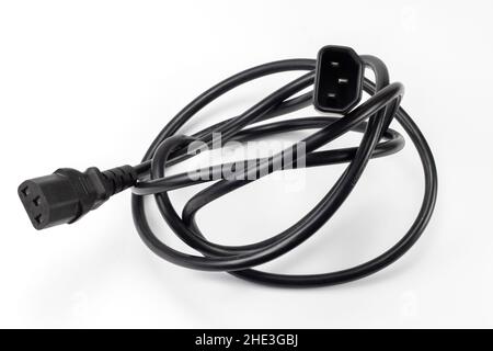 Male and female three pin power cable. Black plastic appliance connection cord with plugs. Power Extension Cable IEC Male to Female on white backgroun Stock Photo