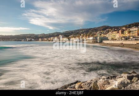 Varazze, a municipality in the Beigua park, overlooking the Ligurian Sea, is a destination for  summer and winter tourism Stock Photo