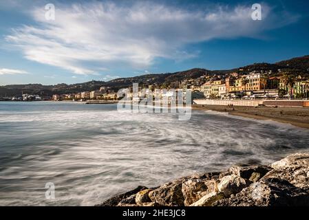 Varazze, a municipality in the Beigua park, overlooking the Ligurian Sea, is a destination for  summer and winter tourism Stock Photo