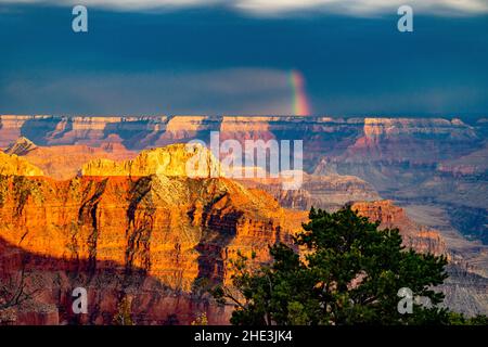Grand Canyon with sunlight on cliffs with dark clouds and rainbow in the distance from Point Sublime on North Rim of Grand Canyon National Park AZ Stock Photo