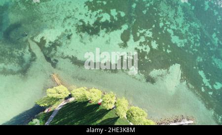 Top View of Lake Lucerne at Tribschenhorn Richard Wagner Museum Park in Central Switzerland with big Trees Stock Photo