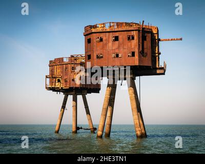 The Maunsell sea forts are armed towers built in the Thames and Mersey estuaries during the Second World War to help defend the United Kingdom. Stock Photo