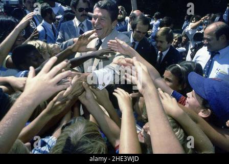 Ronald Reagan shaking hands with supporters at a campaign stop in Indiana. Stock Photo