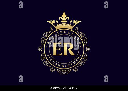 ER Initial Letter Luxury calligraphic feminine floral hand drawn heraldic monogram antique vintage style luxury logo design Premium Stock Vector