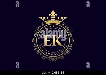 EK Initial Letter Luxury calligraphic feminine floral hand drawn heraldic monogram antique vintage style luxury logo design Premium Stock Vector