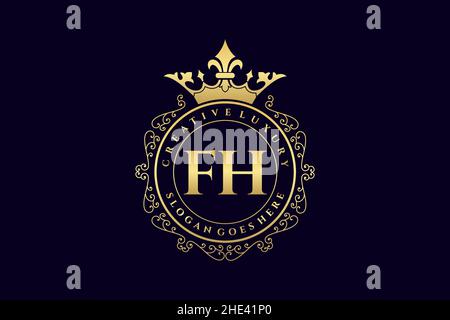 FH Initial Letter Luxury calligraphic feminine floral hand drawn heraldic monogram antique vintage style luxury logo design Premium Stock Vector