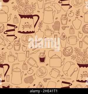 Seamless pattern. Kitchenware and utensils, cutlery, teapot and cups, food and drinks, roll and vase with plants and fruits on beige background. Vecto Stock Vector