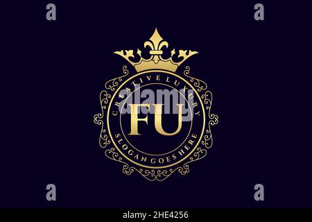 FU Initial Letter Luxury calligraphic feminine floral hand drawn heraldic monogram antique vintage style luxury logo design Premium Stock Vector