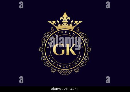 GK Initial Letter Luxury calligraphic feminine floral hand drawn heraldic monogram antique vintage style luxury logo design Premium Stock Vector