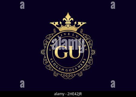 GU Initial Letter Luxury calligraphic feminine floral hand drawn heraldic monogram antique vintage style luxury logo design Premium Stock Vector