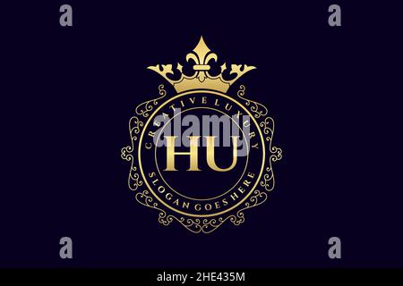 HU Initial Letter Luxury calligraphic feminine floral hand drawn heraldic monogram antique vintage style luxury logo design Premium Stock Vector