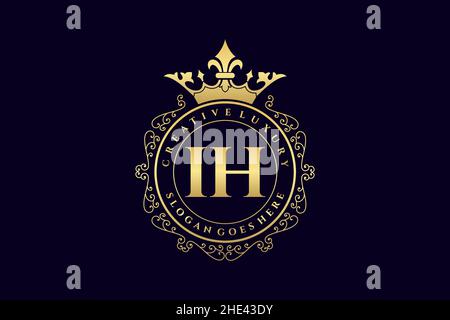 IH Initial Letter Luxury calligraphic feminine floral hand drawn heraldic monogram antique vintage style luxury logo design Premium Stock Vector